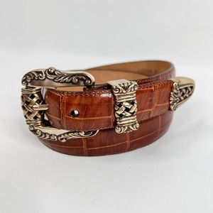 Vintage Brighton Croc Alligator Embossed Belt Medium Cognac Brown Leather 1995